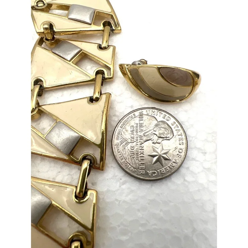 Vintage Trifari@ Link Bracelet Post Earrings Set‎ Cream Enamel Silver Gold Tone